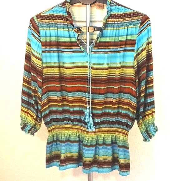 Art and Soul Tunic Top Sz L Aqual Teal Brown Boho Striped Earthy Festival - Picture 1 of 8
